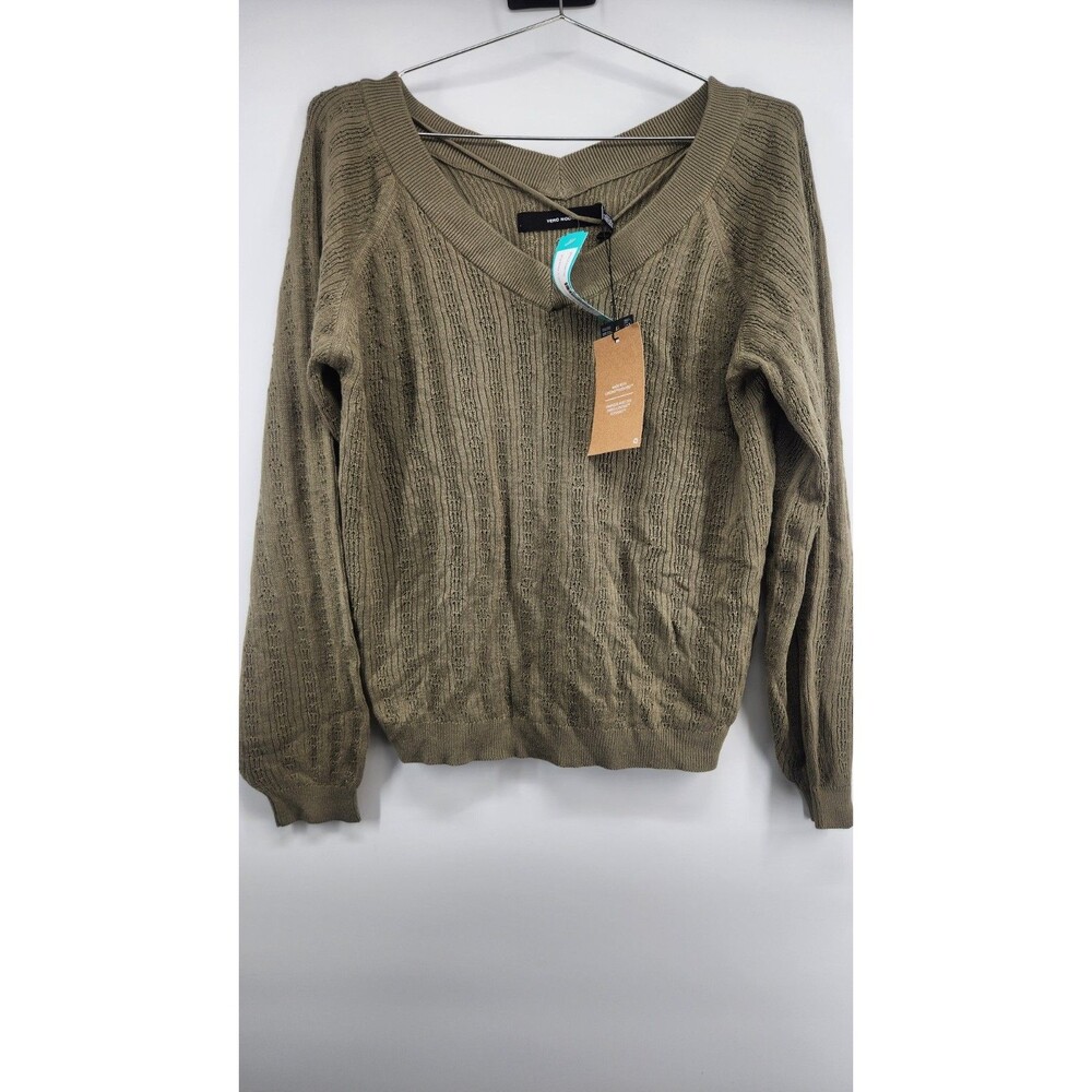 Vero Moda Women's Large Green Olive Stitch Double V-Neck Sweater Pullover NWT